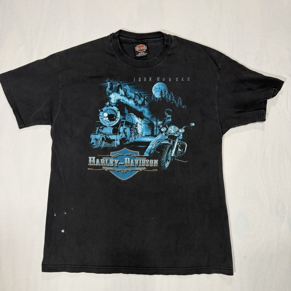 Vintage Harley Davidson Faded T Shirt Iron Horses Blue Black Biker Size L